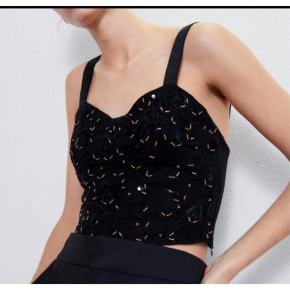 Zara Beaded Bustier Style‎ Top Cropped Size Large Black Gold Sleeveless Festival